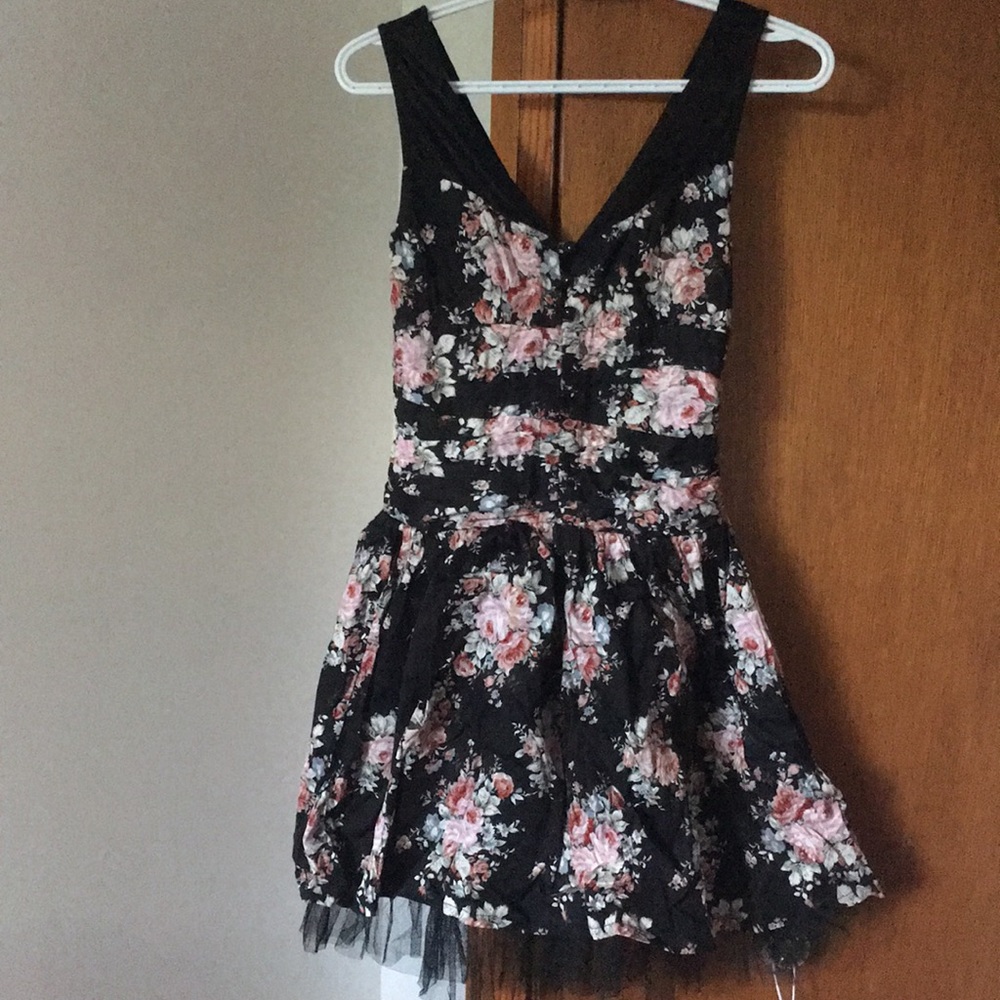Black floral flare dress with mesh